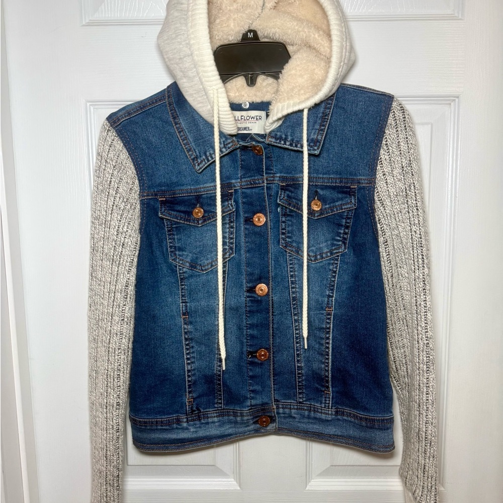 Denim Jacket with Cream Knit sleeves Medium